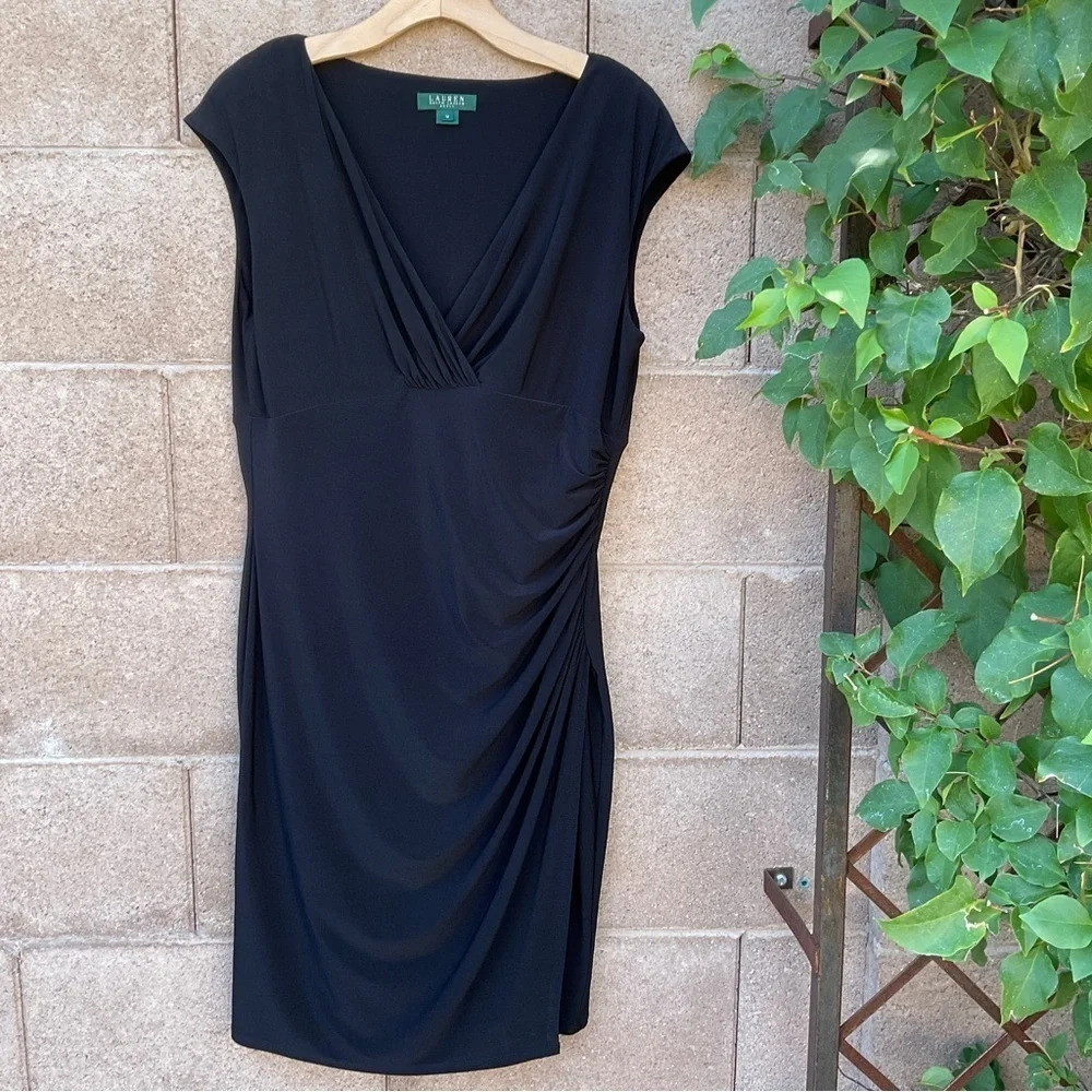 EUC Ralph Lauren Faux-Wrap Jersey Midi Sheath Dress Black Empire Size 12 Party